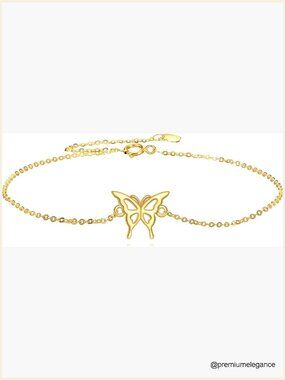 14K Solid Gold Butterfly Link Bracelet with Charms, Gift for Women